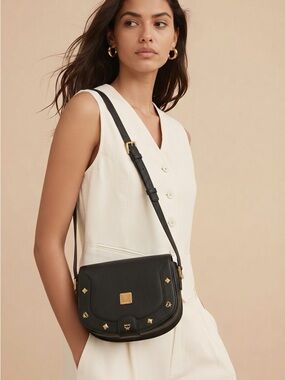 Authentic MCM Black Crossbody Bag with Gold Accents